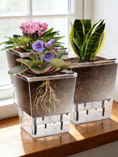 1ชิ้น กระถางปลูกต้นไม้แบบตั้งโต๊ะ ทรงสี่เหลี่ยม พลาสติกใส ระบายอากาศได้ดี แบบรดน้ำเอง กระถางไฮโดรโปนิกส์สร้างสรรค์สำหรับกล้วยไม้, พลูด่าง, ต้นไม้สีเขียวขนาดเล็ก, ของตกแต่งบ้าน