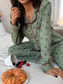 2pcs Women Turndown Collar Right Pocket Allover Print Long Sleeve Top + Straight Leg Allover Print Pants Set, Spring/Autumn - Green - View 1