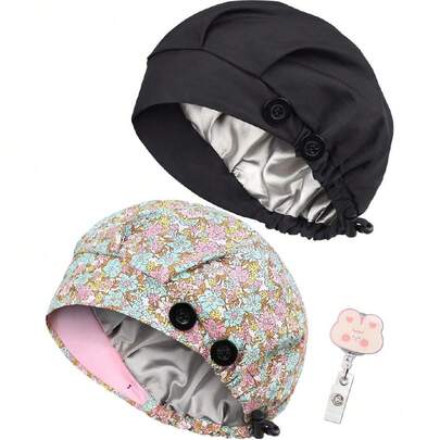 2 Pack Satin Lined Bouffant Scrub Caps With Buttons, Adjustable Scrub Caps For Women Men,38466845