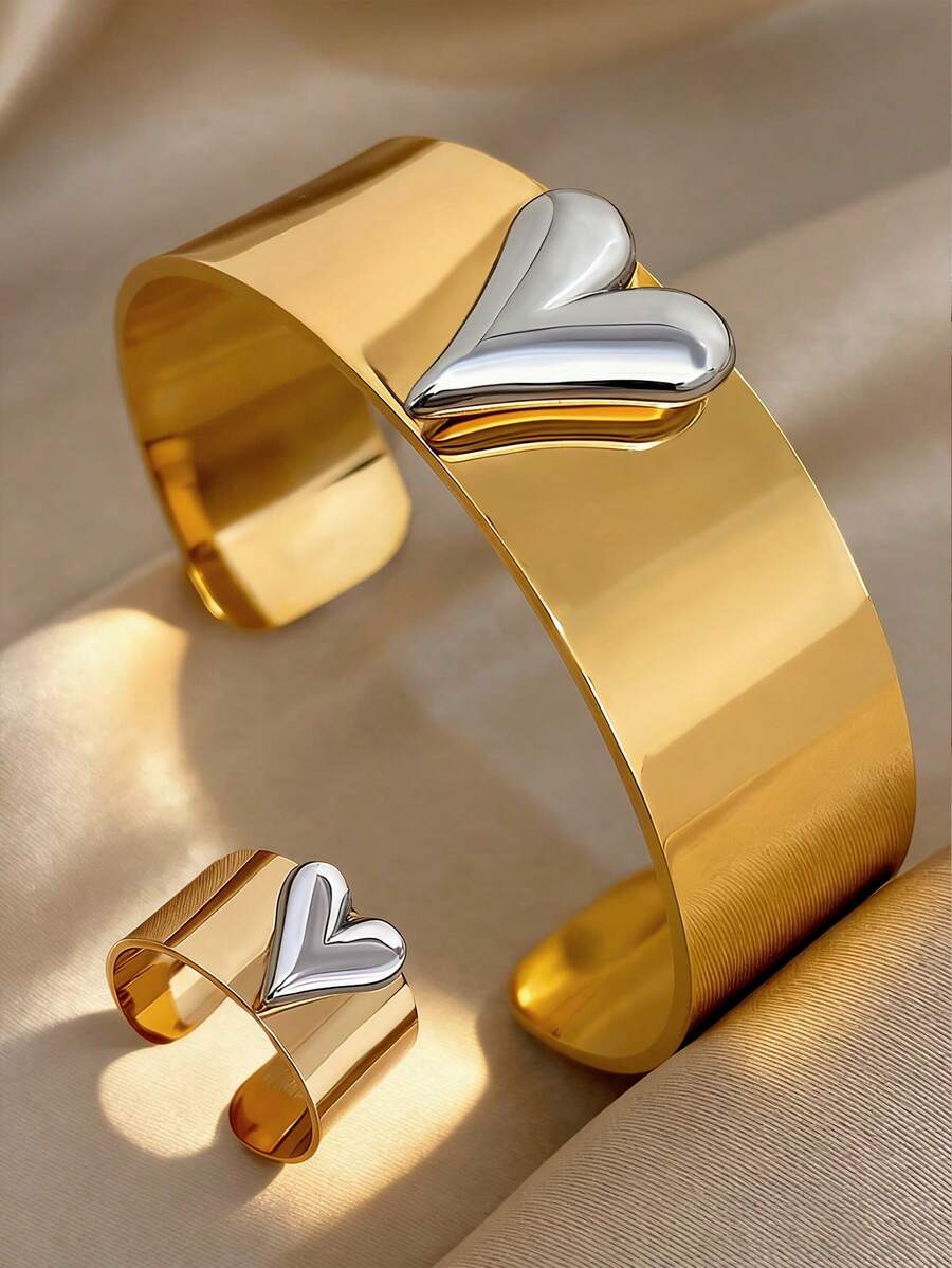 18K Gold-Plated Dual-Tone Heart-Shaped Wide Stainless Steel Bracelet & Ring Set, Women's Jewelry Set, Suitable For Valentine's Day, Party, Formal Occasion, Daily Wear, Date, Carnival, New Year, Wedding, Beach, Christmas, Anniversary, Elegant Mother's Gift, Boho Jewelry, Bridesmaid Gift - Multicolor - View 1