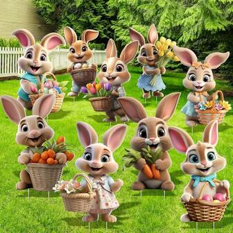 9pcs Adorable Easter Bunny Yard Signs With Stakes, Outdoor Rabbit Statue Garden Decoration Set, Farmhouse Style Lawn Garden Decoration, Suitable For Spring Easter Celebrations