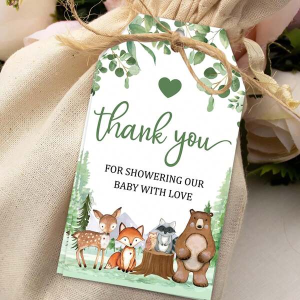 50pcs Forest Themed Thank You Gift Tags, Love Shower Thank You Labels, Green Forest Themed Birthday Party Shower Party Favor Thank You Tags, Gift Wrapping Labels
