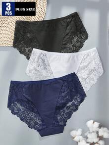 3 piezas Bragas elegantes de talla grande con parches de encaje de unicolor - Multicolor - Ver 2