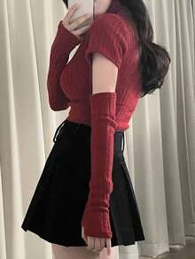 High Neck Pullover Sweater With Sleeve, Festive Vibe, Fitted Knit Top For Women - Burgundy - View 6