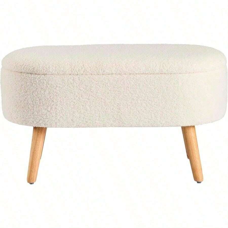 MU:4LIFE Taburete Otomano con Asiento Acolchado Tapa y Patas Reposapiés con Baúl de Gran Capacidad de Alenamiento para Sala y Recámara Tela Teddy Blanco