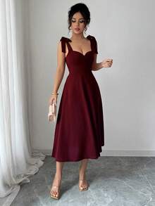 vestido para boda Vestido de cóctel elegante sin mangas con tirantes para mujer, fruncido y anudado con dobladillo midi acampanado para ocasiones elegantes. - Burdeos - Ver 4