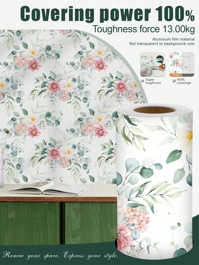 1 Roll 1m/3m/5m Vintage White, Green, Pink Floral & Leaf Watercolor Textured Artistic Style Wallpaper, Suitable For Home Renovation, Room Decor, Cabinet Refurbishing, Bathroom Decor, Vinyl DIY Waterproof, Anti-Fouling, Aluminum Foil Wallpaper, Non-Transparent Background, Covering, Flexible, Tear-Resistant, Easy To Clean, Self-Adhesive