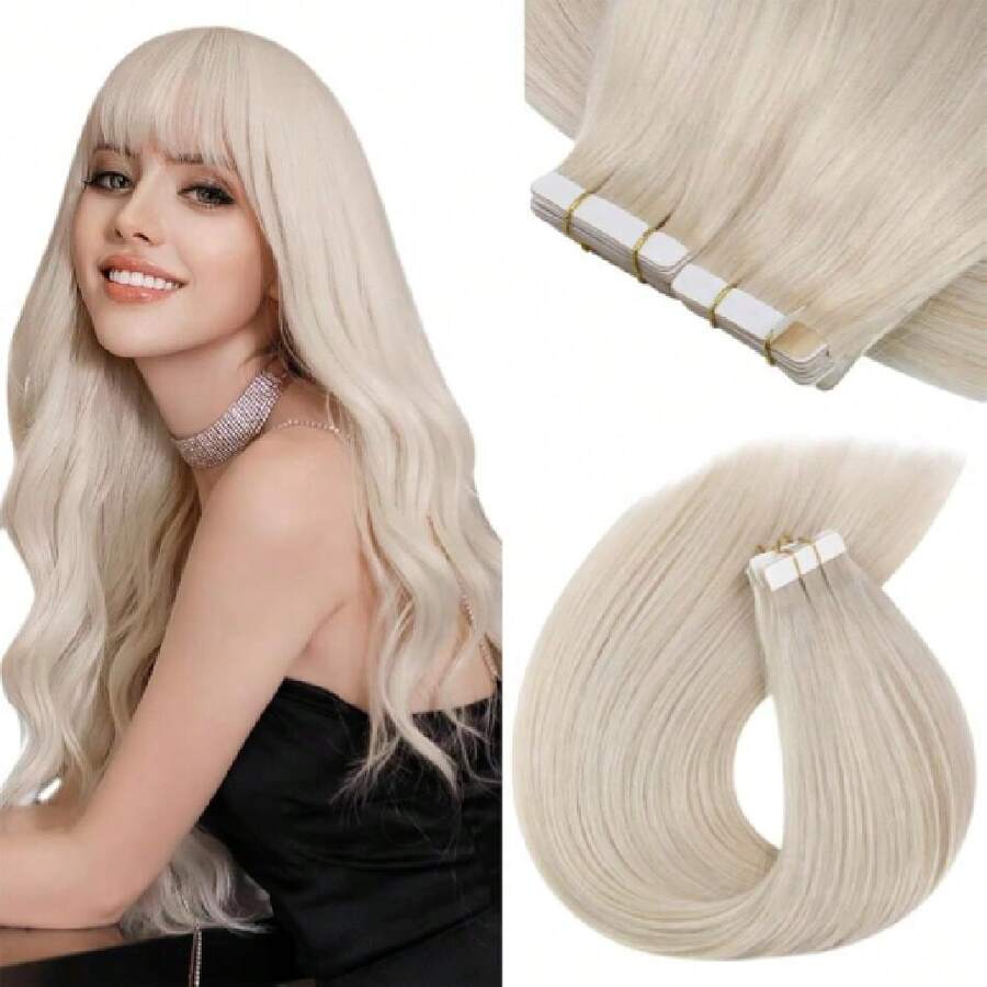 Tape In Hair Extensions Human Hair 24inch Hair Extensions Real Human Hair Tape In Extensions For Women Platinum Blonde Invisible Natural Straight Skin Weft Double Sided Tape 40pcs 100g,38531604 - 臟橘色 - 查看 1