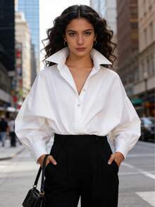 100% Cotton Batwing-Sleeve Loose-Fit Buttoned Solid Lapel Blouse - For Mexican Women | Casual Minimalist Original Design - Blanco - Ver 1