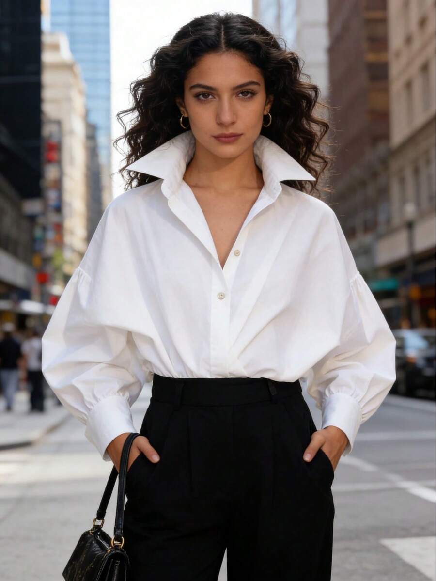 100% Cotton Batwing-Sleeve Loose-Fit Buttoned Solid Lapel Blouse - For Mexican Women | Casual Minimalist Original Design - Blanco - Ver 1