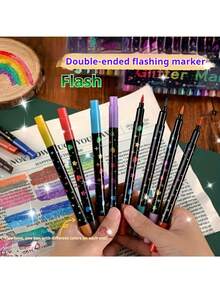 2-In-1 Metallic Highlighter Marker Pen - Vibrant Colors, Ideal For DIY Crafts, Greeting Cards, Mugs, Wooden Decor, Sketching And Professional Art Creation. Includes: Craft Supplies, Art Painting, Metallic Sheen, Markers, School Supplies, Gift Ideas, Surprise Gifts! - Multicolor - View 7