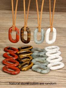 Natural Stone O-Shaped Pendant Necklace, Vintage Geometric Ellipse Design, Suede Cord, Unisex Couple Jewelry - Multicolor - View 6