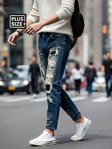 Men's Retro Denim Pants, Three-Dimensional Cut With Multiple Pockets, Heavy-Duty Washed With Hand-Rubbed Cat Whiskers Pattern, High Street Fashion Ripped Patched Distressed Design, Mid-Waist Elastic Slim Fit Straight-Leg, Suitable For All Seasons, Machine Washable Fabric, YKK Zipper Closure, Street Fashion Men's Plus Size Jeans - 海藍色 - 查看 3