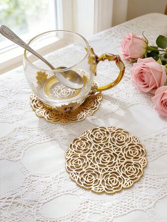 6pcs Gold Rose Cocktail Coasters, Made Of PVC Material, 3.94inch Round Rose Hollow Coasters, Washable, Easy To Clean, Wipe-Able, Non-Slip, Heat-Resistant, Suitable For Room Decor, Dining Table Decor, Home Decor, Ideal For Holidays, Parties, Birthdays, Weddings And Dinners