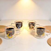 1 & 4pcs 80ml Double-Layer Glass Coffee Mugs With Handles, Heat-Resistant. Comes With Unique Ramadan Sticker Design Milk/Tea Cups. Suitable For Tea, Espresso, Milk, Etc. Ideal Ramadan And Birthday Gift. - Multicolor - View 1
