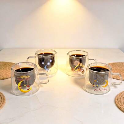 1 & 4pcs 80ml Double-Layer Glass Coffee Mugs With Handles, Heat-Resistant. Comes With Unique Ramadan Sticker Design Milk/Tea Cups. Suitable For Tea, Espresso, Milk, Etc. Ideal Ramadan And Birthday Gift.