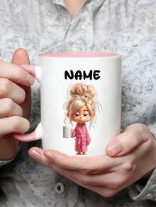 11oz Personalized Coffee Mug - Customizable Name Ceramic Cup, Cute Lazy Girl Design, Dishwasher & Microwave , Leak-Proof, Suitable For Hot & Cold Drinks, Great For Office, Home, Birthday, Coffee Shop And More, Novelty Illustration - Multicolor - View 2
