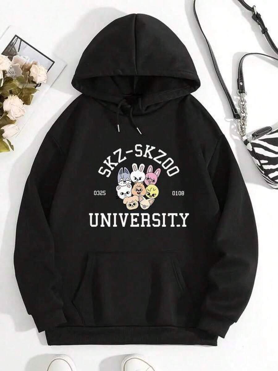 Men's AutumnWinter Print Loose Fit Hoodie [Soft Fleece Hoodie] Soft Fleece-Lined Unisex Pink Hoodie With SKZ-SKZOO UNIVERSITY Graphic Casual Streetwear For All Seasons, Playful Graphic Hoodie AutumnWinter Print Black Hoodie Mens Hoodie Mardi Gras  Valentine Outfits For Women - 黑色 - 查看 1