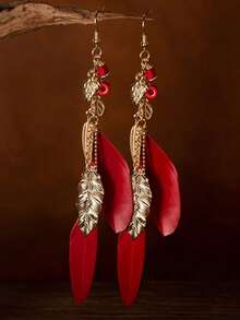 1 Pair Retro Wooden Bead & Feather Dangle Earrings, Boho Style Gold Leaf Long Earrings For Women, Holiday Gift - Natural Feathers - View 13