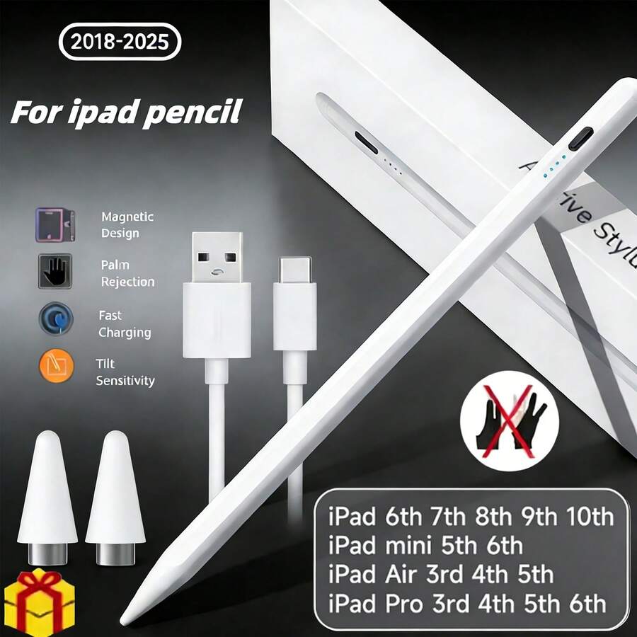 1pc High Precision Capacitive Stylus Pen, Compatible With 2018-2025 IPad 6/7/8/9/10, Mini 5/6, Air3/4/5, Pro 11/12, With Palm Rejection & Tilt Sensitivity Function - White - View 1