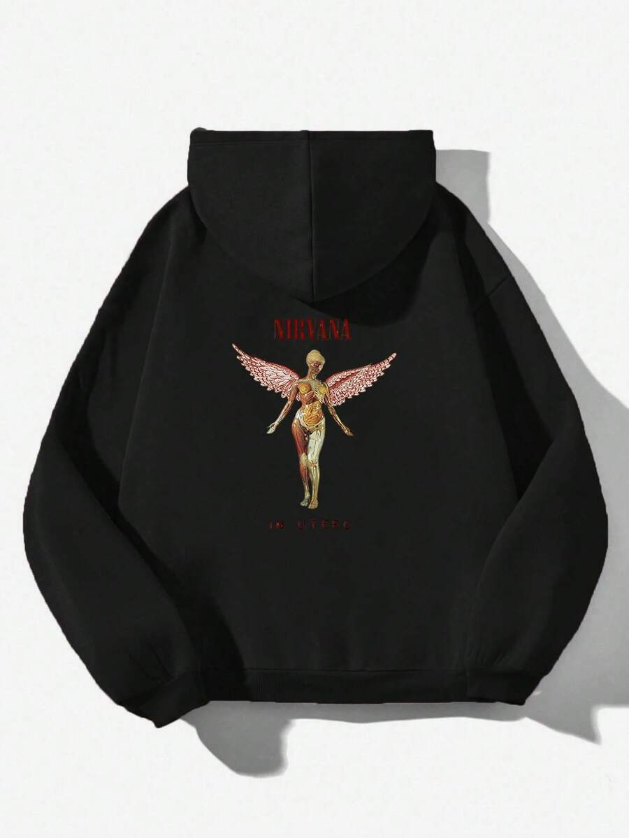 NirvanaS-KurtCoS Pullover Hoodies Printed Hoodies Mens And Womens Hoodies Vintage Unisex Hoodie With Pockets Long Sleeve,Men'S And Women's Graphic Hoodie, Long Sleeve, Hooded, Slight Stretch, Geometric Pattern, Regular Fit, Knit Fabric, For Autumn And Winter - Đen 2 - Xem 1