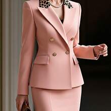 2pcs Set: Pink Leopard-Print Collar Blazer + Pencil Skirt Suit For Women | Elegant And Distinctive Party-Ready Piece, Suitable For Parties, Business Settings, And Fall/ Winter Outfits - Hồng - Xem 3