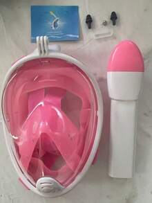 一套全脸浮潜面罩，含一副耳塞，可折叠180°全景浮潜面罩，采用最新干式顶部系统，硅胶防雾防漏，带相机支架，呼吸顺畅，适用于浮潜、自由潜水、游泳，成人浮潜装备（新旧款随机发货）