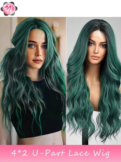 Synthetic Fibre Heat Resistant U-Part Lace Wig 4*2 Wavy Curly Hair 24 Inches Green Long Everyday Use High Quality Women's Hair Pieces Natural Looking High Quality Synthetic Soft Wigs Music Festival St. Patrick's Day Wig Festive Green Wig