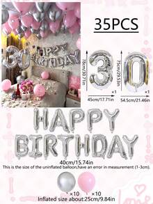 33/35件粉色银色气球套装，包含16英寸银色“生日快乐”字母气球、32英寸银色数字铝箔气球以及粉色银色乳胶气球，适用于生日派对装饰，例如16岁、18岁、21岁、23岁、30岁生日。 - 彩色 - 查看 29