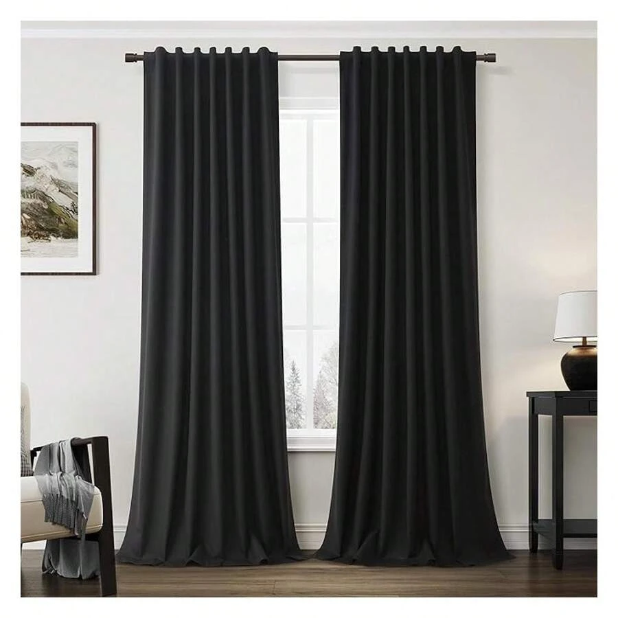 102 Inch Long Curtains 2 Panel- Linen Blackout Curtains, Light Blocking Thermal Insulated Drapes For Bedroom, Living Room - Black - 如圖627 - 查看 1