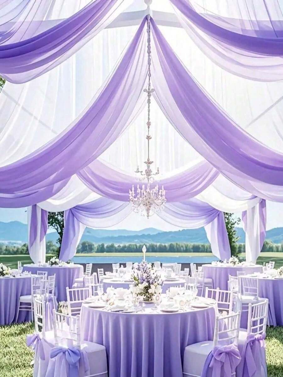 1pc 3.15m Purple Sheer Voile Curtain, Chiffon Ceiling Drape, Romantic Wedding Ceremony Decor, Multipurpose Sheer Curtain, Outdoor Wedding Decor, Bridal Shower Decor, Wedding Reception Decor, Birthday Party Decor, Wedding Arch Backdrop, Party Background Decor - Purple - View 1