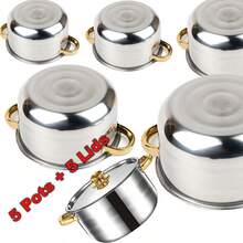 10pcs (5 Pots + 5 Lids) Multi-Purpose Kitchen Stainless Steel Cookware Saucepan Set, For Soup, Hot Pot, And Noodles - 5 Pots + 5 Lids - View 3