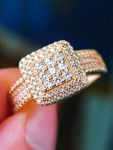 1枚925纯银镀白金复古方形水晶水钻戒指，奢华生日派对珠宝礼物（女士款）