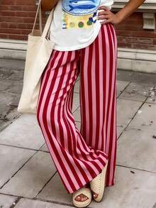 Autumn Holiday , Autumn/Winter Series, Street Style, Versatile, Retro Autumn , Lightweight Pants, Standalone Pants, Holiday , Bohemian Style, Contrast Striped Pattern, Pink Casual Wear, Pocket Drawstring Design, Comfortable Casual, Elegant Romantic, Urban Chic Women's Casual Pants - Pink - View 3