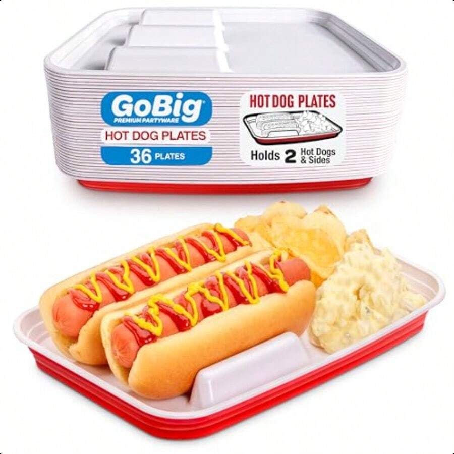 GoBig - Bandejas de comida para perros calientes con divisores paquete de 36 platos desechables para fiestas barbacoas y más - Rojo - Ver 1