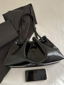 New Vintage Style Drawstring Bucket Bag, Lightweight Minimalist Design, Large Capacity, Solid Color Soft Leather Shoulder Bag - Black - View 4