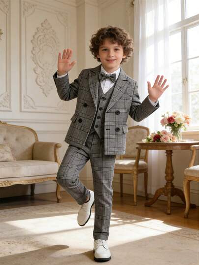 1 Set Tween Boys' Stylish Plaid Gentleman Suit: 1 Plaid Blazer Jacket + 1 Pants + 1 Bow Tie, Suitable For Wedding, Performance, Party And Other Formal Occasions