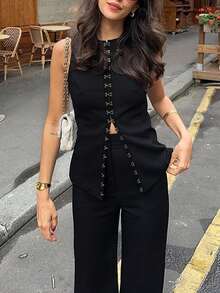 1 Set Setelan Wanita 2 Potong Warna Polos Elegan Kasual untuk Pesta dengan Kancing Depan, Cocok untuk Pakaian Kantor Musim Semi/Panas - Hitam - View 7