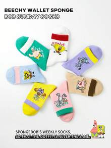 SpongeBob SquarePants 7双装女士休闲卡通印花短袜，透气吸湿低帮袜，适合夏季日常穿着 - 彩色 - 查看 2