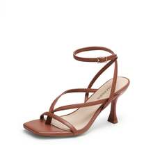 Women Minimalist Kitten Low Heel Thong Heeled Sandals, Fashion Square Toe Ankle Strap Heeled Sandals For Wedding Party Casual Wearing Dressy Occasions - 棕色 - 查看 4