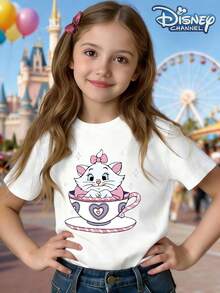 Disney's "The Aristocats" Marie Cat Pattern Round Neck Summer T-Shirt, Suitable For Boys And Girls For Holiday Parties, Dinners, Outdoor Play, Travel, And As A Children's Gift For Visiting Disneyland. - White - View 1