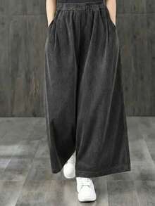 女士高腰阔腿灯芯绒裤，宽松直筒休闲裤，橄榄绿，四季皆宜