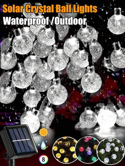 Solarne lampki ogrodowe, zewnętrzne, wodoodporne, 5 m-20 diod LED / 7 m-50 diod LED / 12 m-100 diod LED, solarne kule świetlne, 8 trybów, kryształowe kule świetlne, solarne lampki ogrodowe, do ogrodu, na trawnik, podwórko, werandę, kemping, altanę, bistro, wesele, imprezę, festiwal, lampki świetlne (ciepła biel, wielokolorowe, białe)