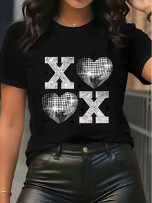 Women's Rhinestone Graphic Tee Disco Ball Heart & X Print Crew Neck Short Sleeve Casual Summer T-Shirt Top - Black - View 1