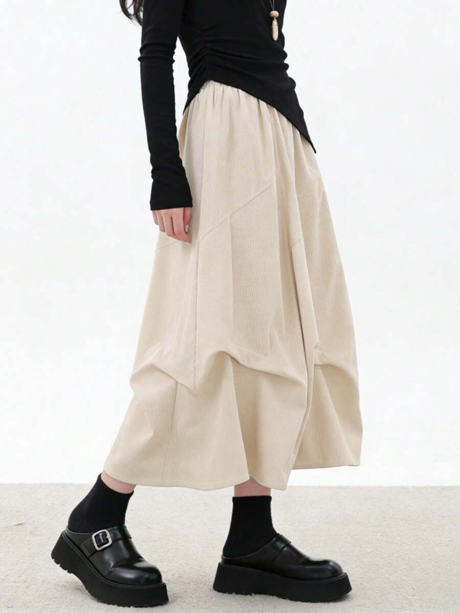 百褶A字裙，松紧腰，中长款，高腰显瘦，2026春季新款女装 - 杏色 - 查看 1