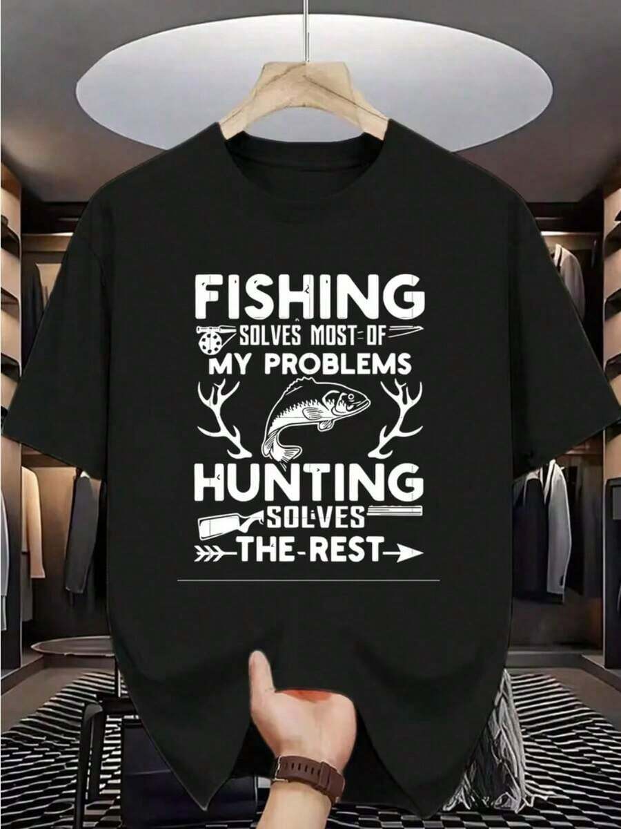 La Pesca Resuelve la Mayoría de los Problemas, la Caza Resuelve el Resto-Camiseta de Cuello Redondo para Hombres - Negro - Ver 1