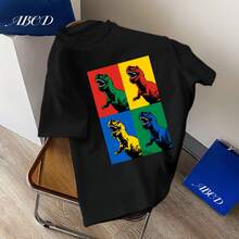 男童休闲圆领短袖T恤，恐龙印花 - 黑色 - 查看 12