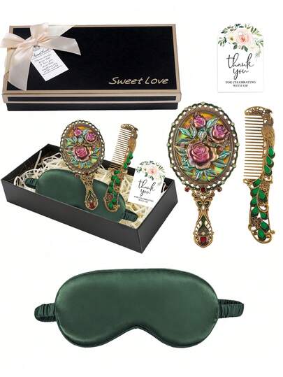 4pcs Vintage Rose Rhinestone Mirror, Comb, Gold Hair Scrunchie, Dark Green Sleep Mask, Thank You Card & Exclusive Bow Gift Box, Suitable For Bridal Wedding Favors, Birthday Party Bachelorette Gifts, Gifts For Family, Friends, Mom, Girlfriend, Valentine's Day, Mother's Day, For Women Daily Use