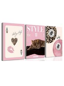 3 piezas Cuadros de arte de pared con estampado de leopardo y guepardo, impresiones de bolas de billar con suerte, pinturas en lienzo de estilo rosa femenino, decoración de lujo y estética, arte de pared de leopardo rosa para dormitorio de niña, apartamento, dormitorio, decoración de sala de estar, oficina, cocina, arte de pared, decoración de pared, decoración del hogar, decoración de habitación, arte en lienzo, carteles, arte de pared con marco, marco opcional - Multicolor - Ver 9
