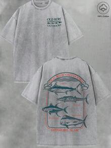 Men's Washed Cotton T-Shirt - Retro "Offshore Slam" Fishing Graphic Street Tee | Soft Breathable 230g Summer Casual Outfits | Men's Street Fashion Short Sleeve Top - 灰色 - 查看 1